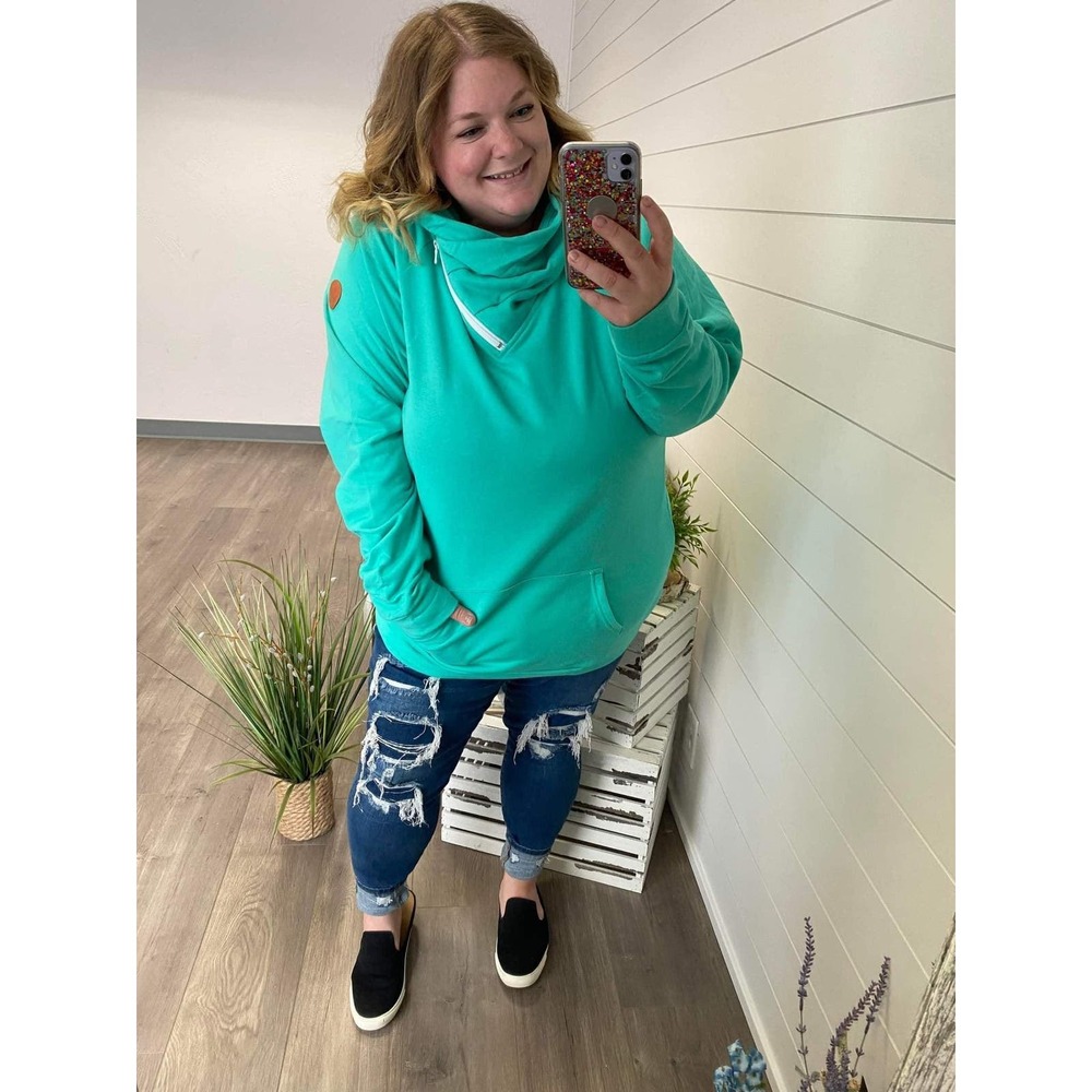 Michelle Vae Aqua Teal Blue Pullover Cowl Neck Sweatshirt Size Large